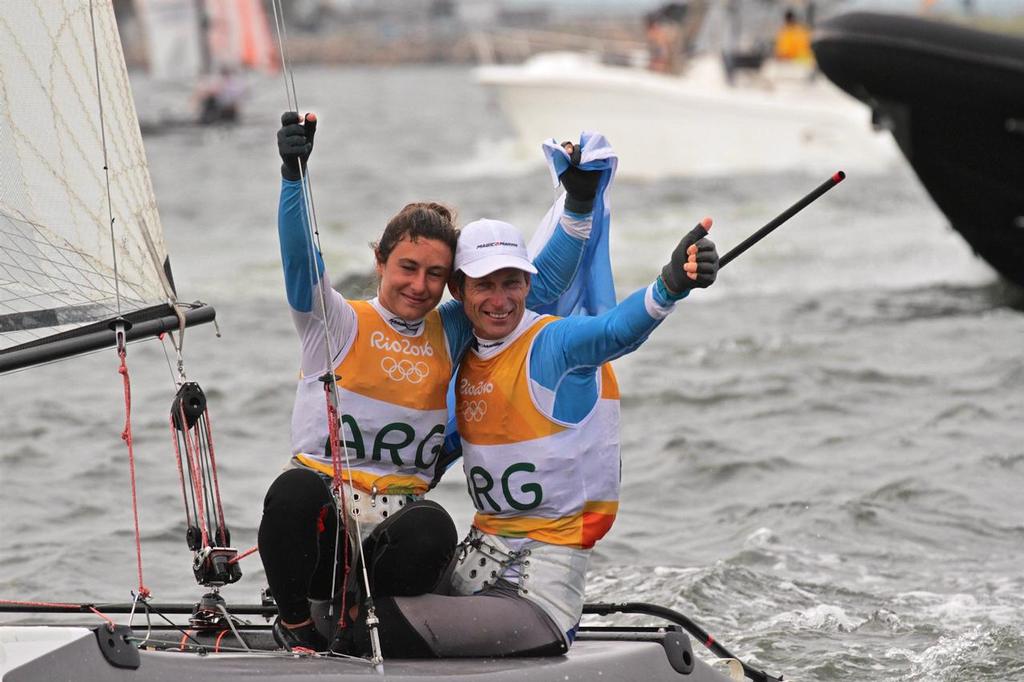 The Mixed crew concept got a big tick from the IOC in Agenda 2020 - Santiago Lange and Cecila Carranza Saroli (ARG) celebrate after winning the Gold Medal in the  Nacra 17 Medal race.  © Richard Gladwell www.photosport.co.nz
